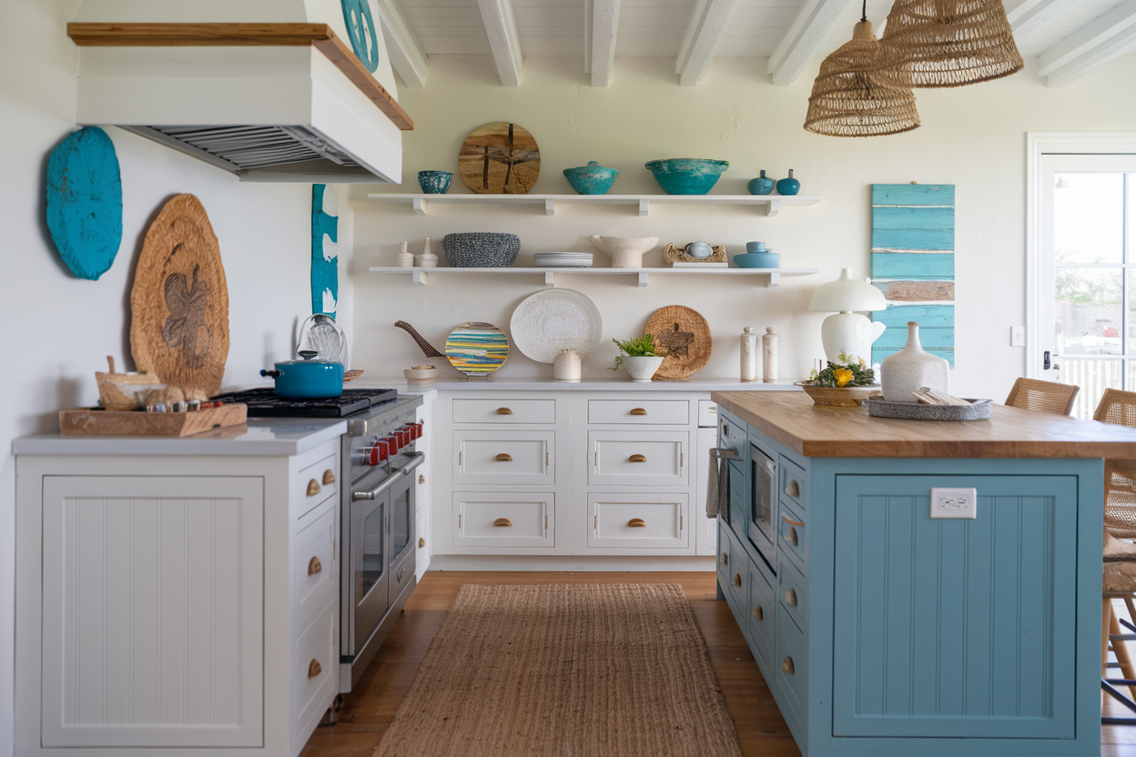 26 Coastal Kitchen Ideas That Bring Relaxed Seaside Charm Indoors ... throughout Rustic Wood Finish Decorative Ship Wheel With Seashell 6'', Boat Wheel