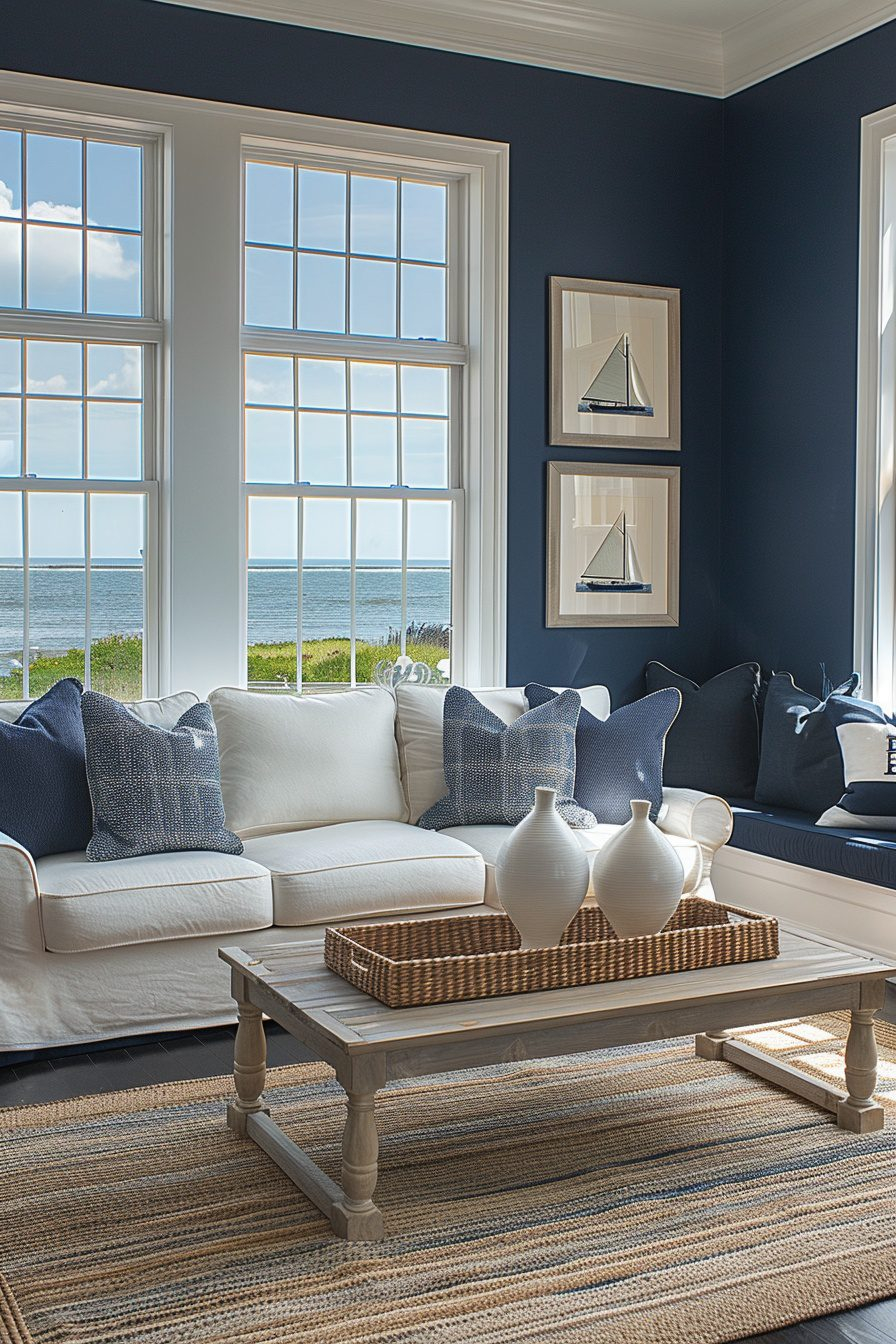 29 Coastal Modern Living Room Ideas For A Contemporary Beach Vibe ... throughout White Decorative Ship Wheel With Seashell 6'', Boat Steering Wheel Decoration