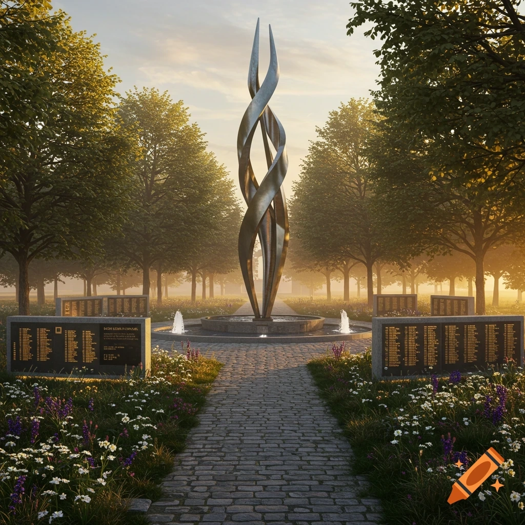 A Bronze-Colored Twisted Sculpture Stands In A Memorial Park With A ... intended for Saint John By Donatello 20 Wall D̩cor