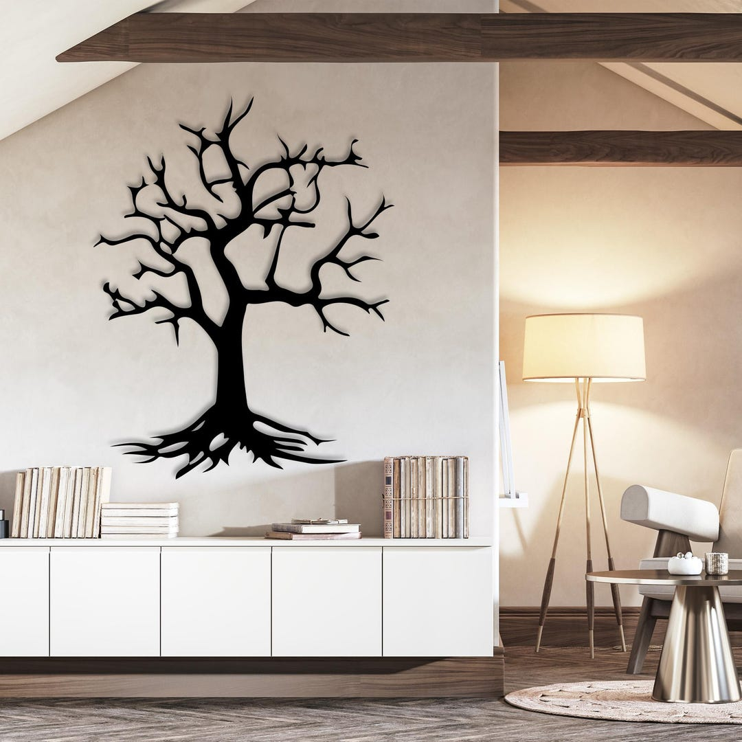 Abstract Tree Metal Wall Art, Modern Black Circle Wall Decor, Nature ... inside Rocky Coastline Sunset Africa, Beach Round Metal Wall Art, 11"