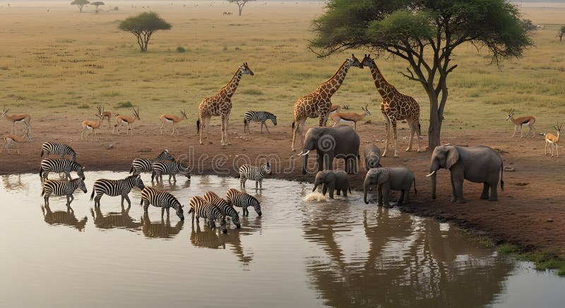 African Savanna Wildlife Oasis: Giraffes, Zebras, Elephants At Watering ... for 2 Zebras Wall Art, 24"X24"