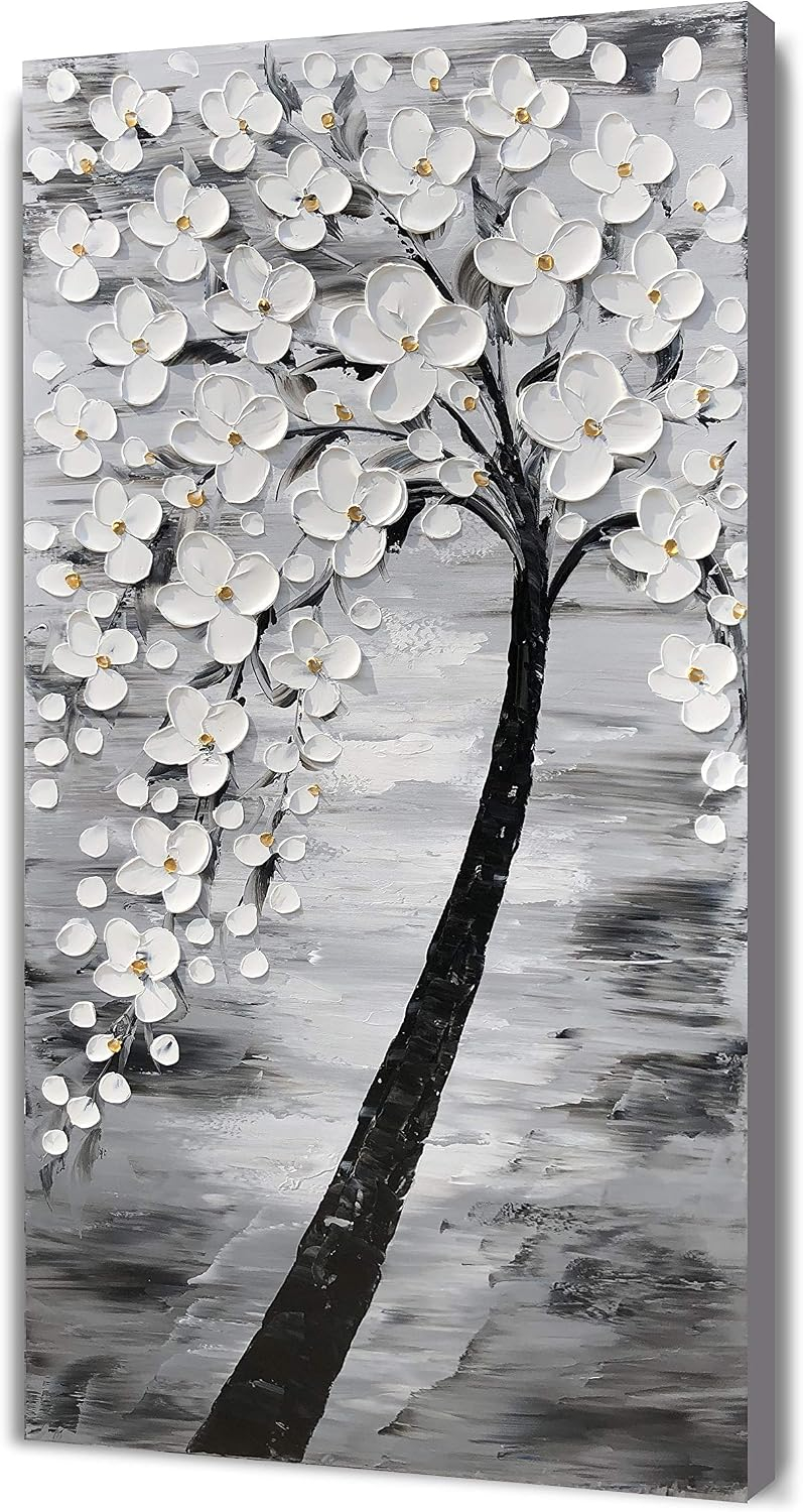 Amazon.com: Yihui Arts 3D White Flower Canvas Wall Art Hand Painted ... with regard to What Makes Hand-Painted Grey Canvas Art a Timeless Investment for Any Room