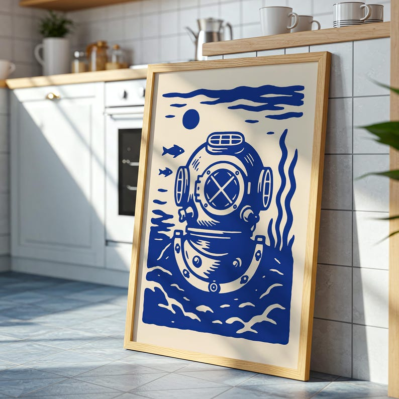 Antique Diving Helmet Poster, Scuba Diver Wall Art, Deep Sea Diving ... for Why Vintage Diver Helmet Wall Art Is Making a Surprising Comeback in Modern Homes