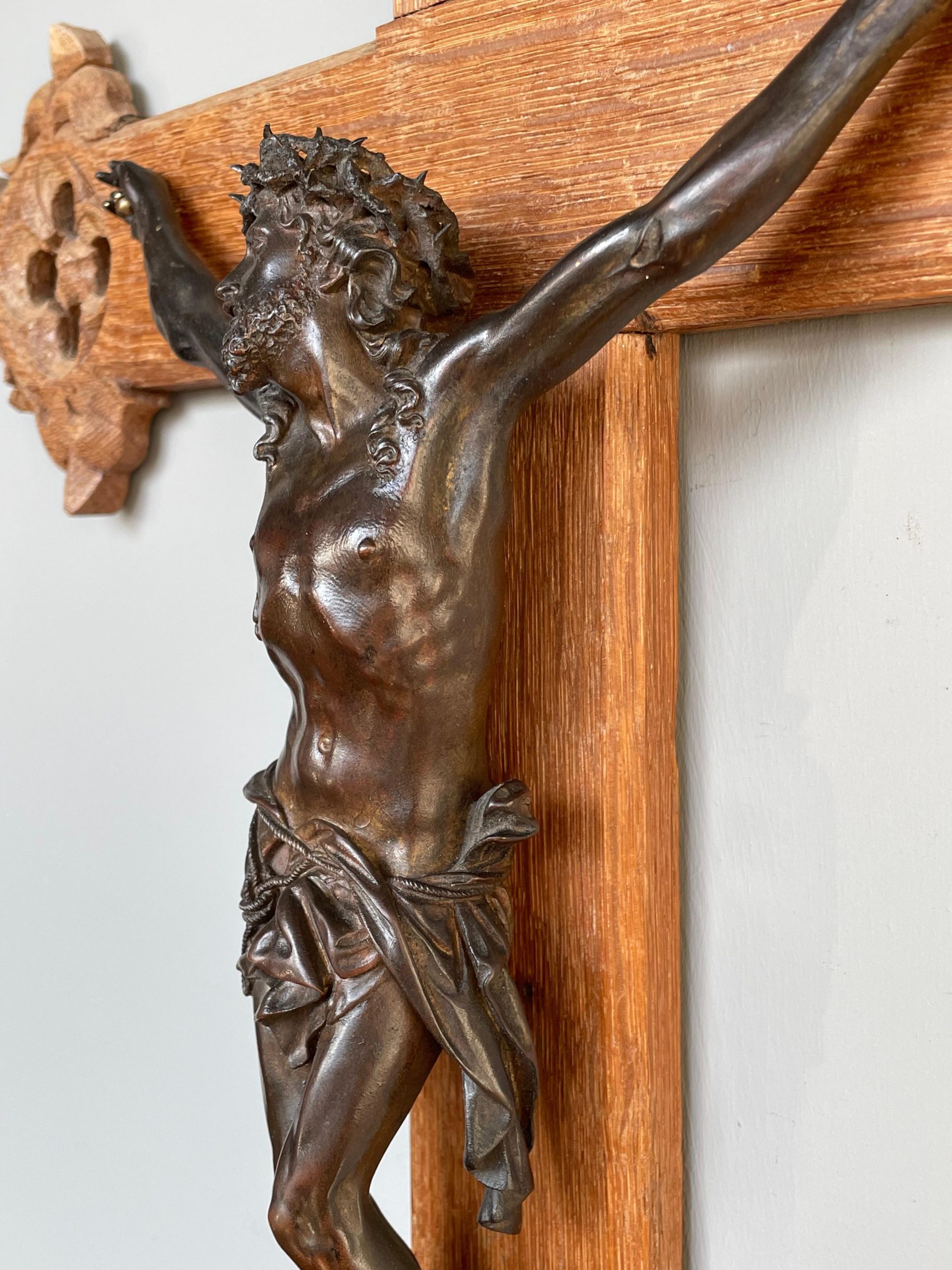 Antique Hand Carved Gothic Revival Oak Wall Crucifix W. Bronze Corpus ... for Great Oak Corpus 37 Religious Sculpture
