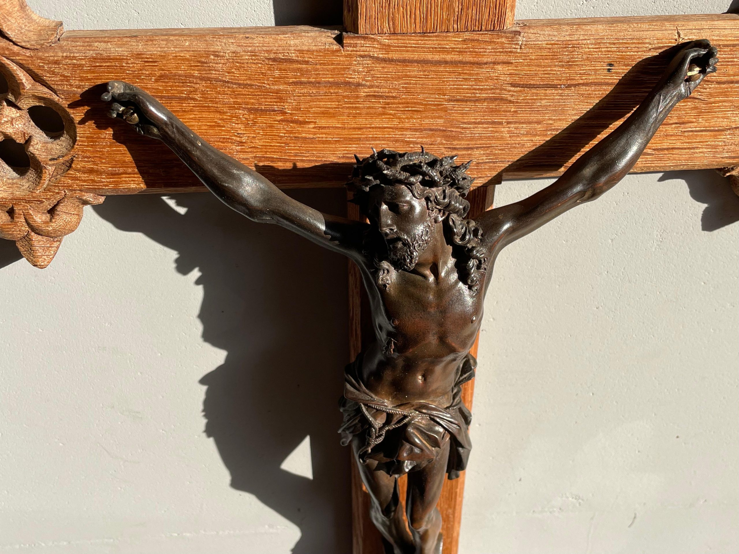 Antique Hand Carved Gothic Revival Oak Wall Crucifix W. Bronze Corpus ... pertaining to Great Oak Corpus 37 Religious Sculpture