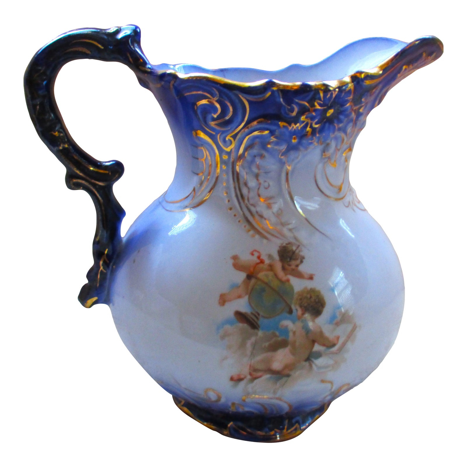Antique Labelle China Embosed Flow Blue Cherub Design Milk Pitcher With ... with Labelle Demoiselle Cherub Plq, Architectural Over Door Plaques
