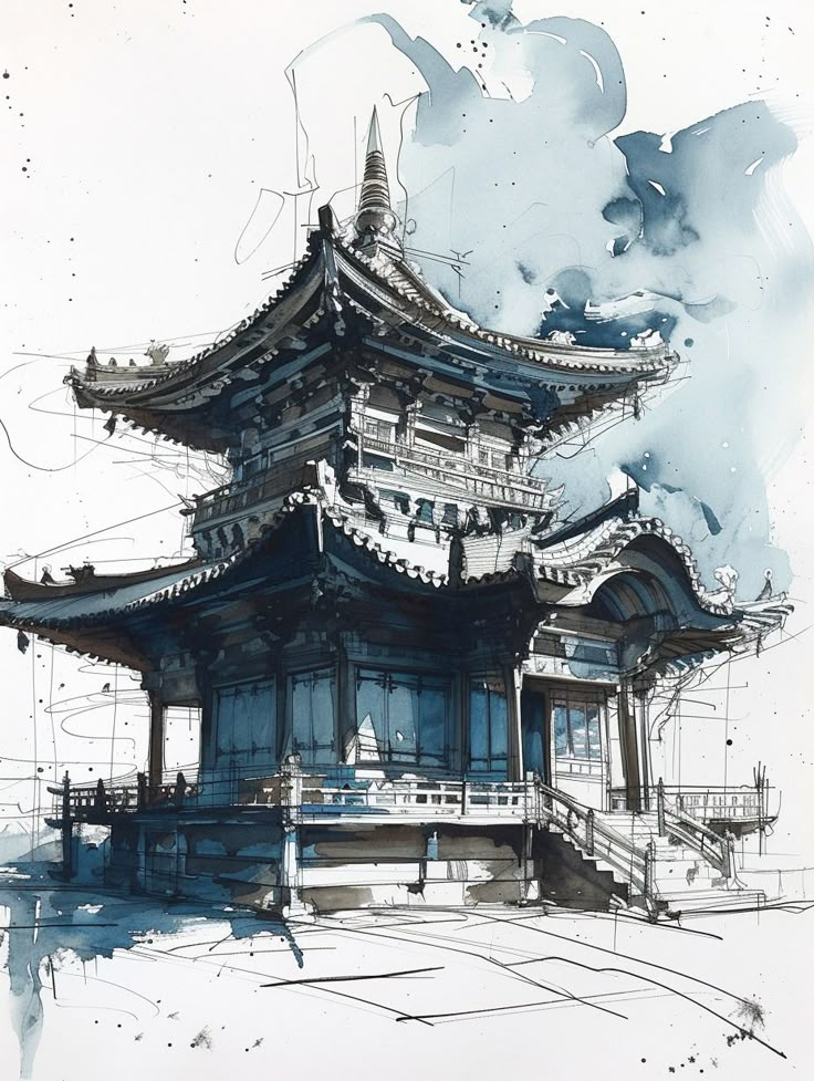 Azure Echoes Of Antiquity - Chinese Architecture for Original Abstract Watercolor Painting, "Future Cathedral Window," By Henry Brown