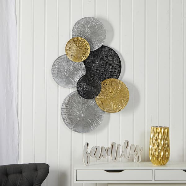 Black And Gold Wall Art within Lotus Collage, Round, Metal, Silver/Black