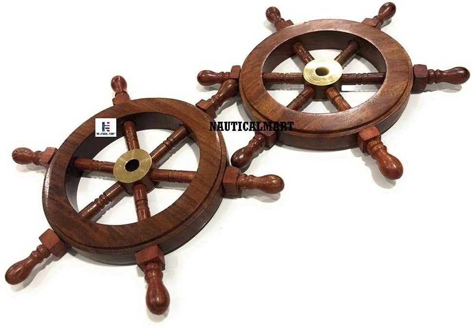 Brass Nautical Wooden Marine Ship Wheel (6 Inch Set Of 2) - Walmart.com pertaining to Dark Blue Decorative Ship Wheel With Seashell 6'', Boat Steering Wheel