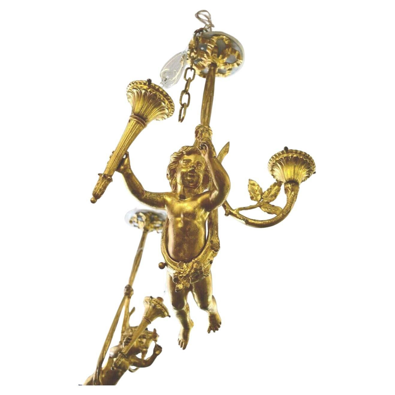 C1880 French Belle Epoque Gilt Bronze Cherub "Flying Putto" Chandelier ... regarding Labelle Demoiselle Cherub Plq, Architectural Over Door Plaques