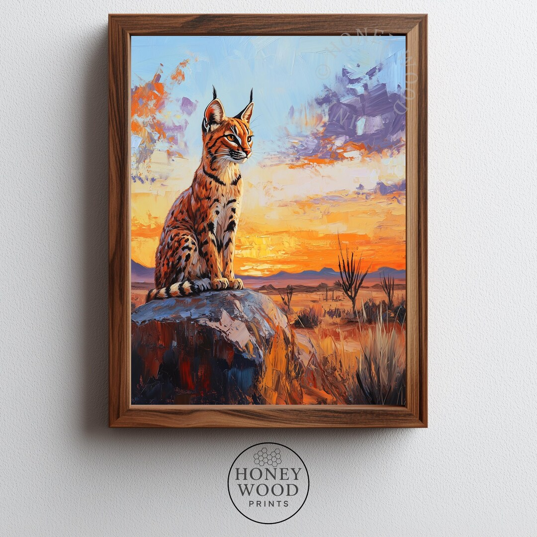Caracal At Sunset Printable Art - Rustic Desert Wildlife Painting, Bold ... with regard to Appreciating the fine details of textured brushwork in wildlife art pieces