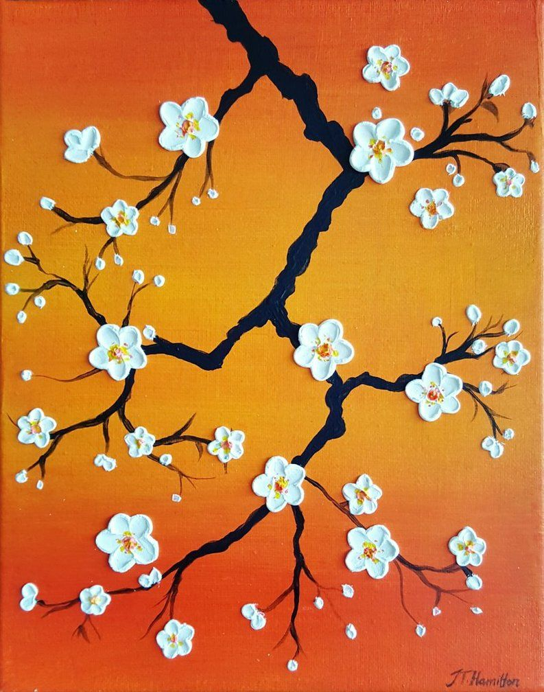 Cherry Blossoms Over An Orange Sky Painting By Jessicathamilton | Diy ... pertaining to "Orange Cherry Blossoms" Hand Painted Canvas Art