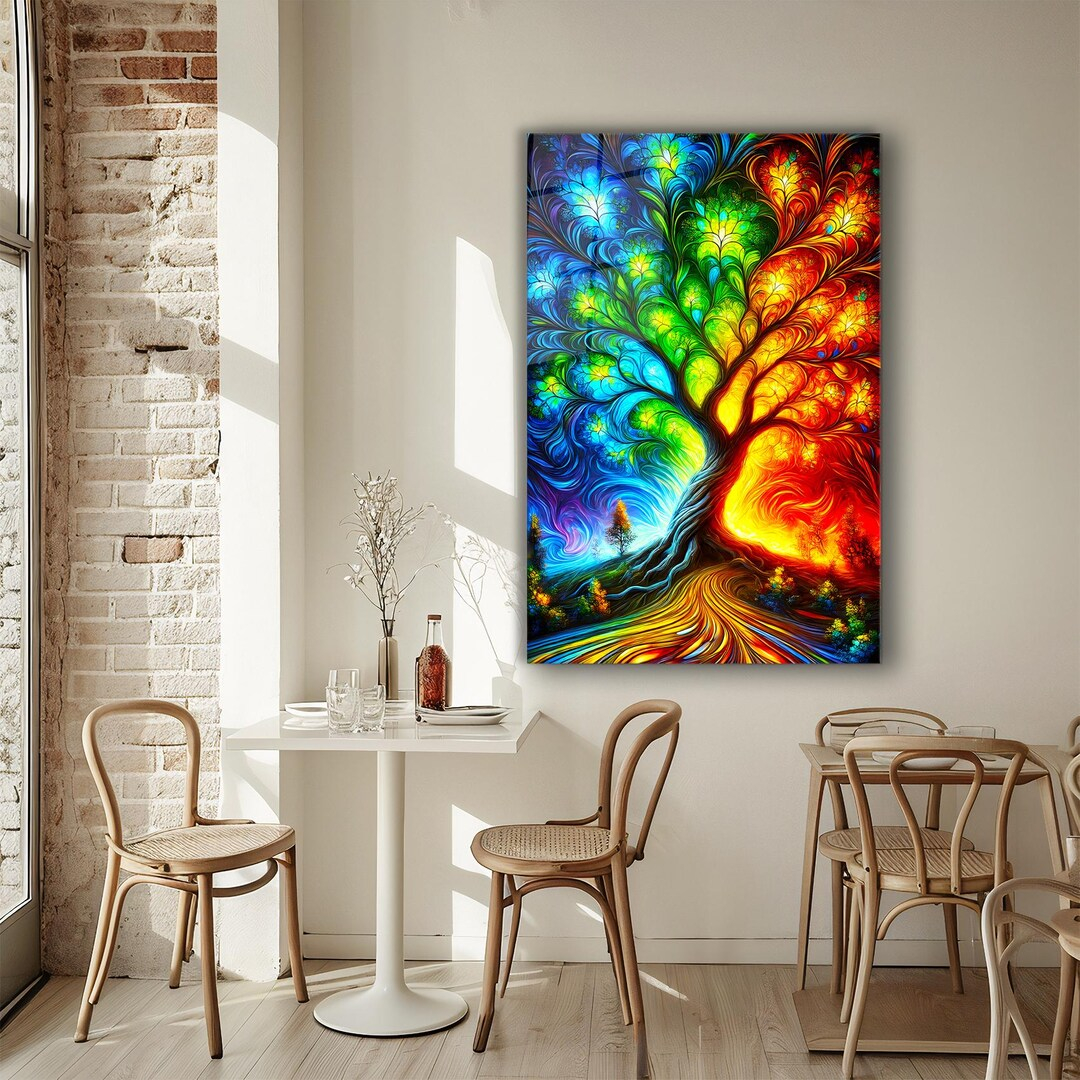 Colorful Tree Glass Wall Art, Tree Of Life Tempered Glass Wall Decor ... inside The Story Behind Artisanal Whimsical Tree Wall Decor and Modern Interiors