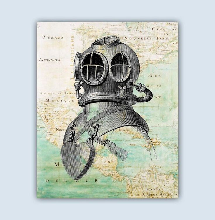 Diving Helmet Print, Diver Gift, Nautical Wall Decor, Vintage Diver ... with Diver Wall Decor