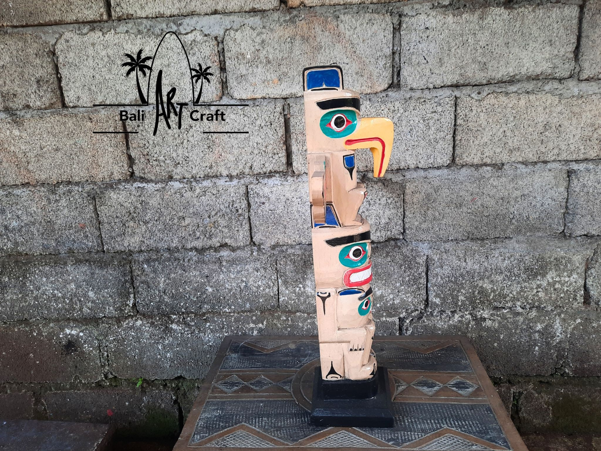 Eagle Totem Pole Wood Carving: 23" Hand Carved Albesia Wood Art - Etsy with regard to Set Of 5 Colorful Tropical Polynesian Style Wooden Tiki Wall Masks 20 Inch