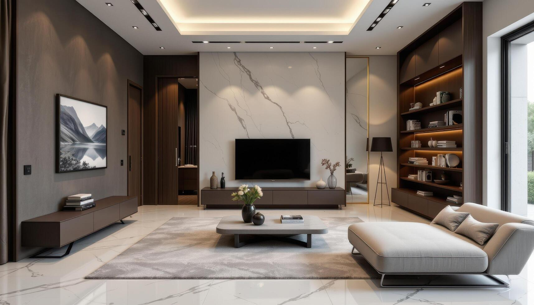 Elegant Modern Living Room Featuring Slim Shelving, Marble Flooring ... with See How Tvs Are Passing The Designer Test - (Tv Di Dinding)