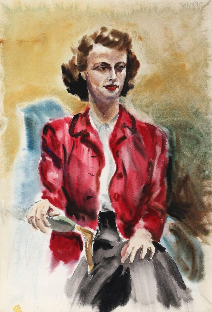Eve Nethercott - Woman With Red Jacket, Impressionist Watercolor By Eve ... within Eve Nethercott, Vermont, P4.29, Watercolor Painting