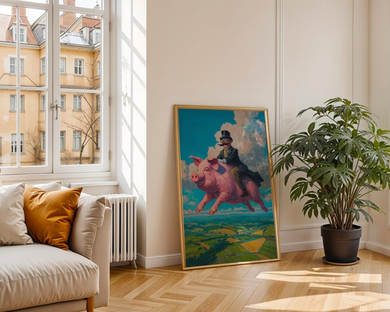 Flying Pig Wall Art – Surreal Vintage Gentleman Riding Pig Print ... with regard to Porco Volante Wall Decor
