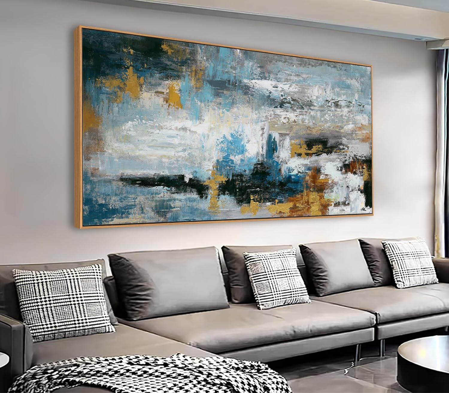 Framed Abstract Wall Art Large Canvas Picture Modern Blue Grey Brown ... within How Large Framed Color Swathe Wall Décor Completely Transforms Room Acoustics And Mood