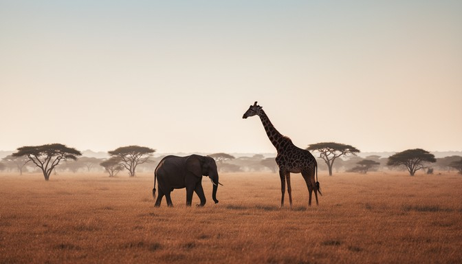 Free Savanna Wildlife Majesty Image - Wildlife, Elephant, Giraffe ... with 2 Zebras Wall Art, 24"X24"