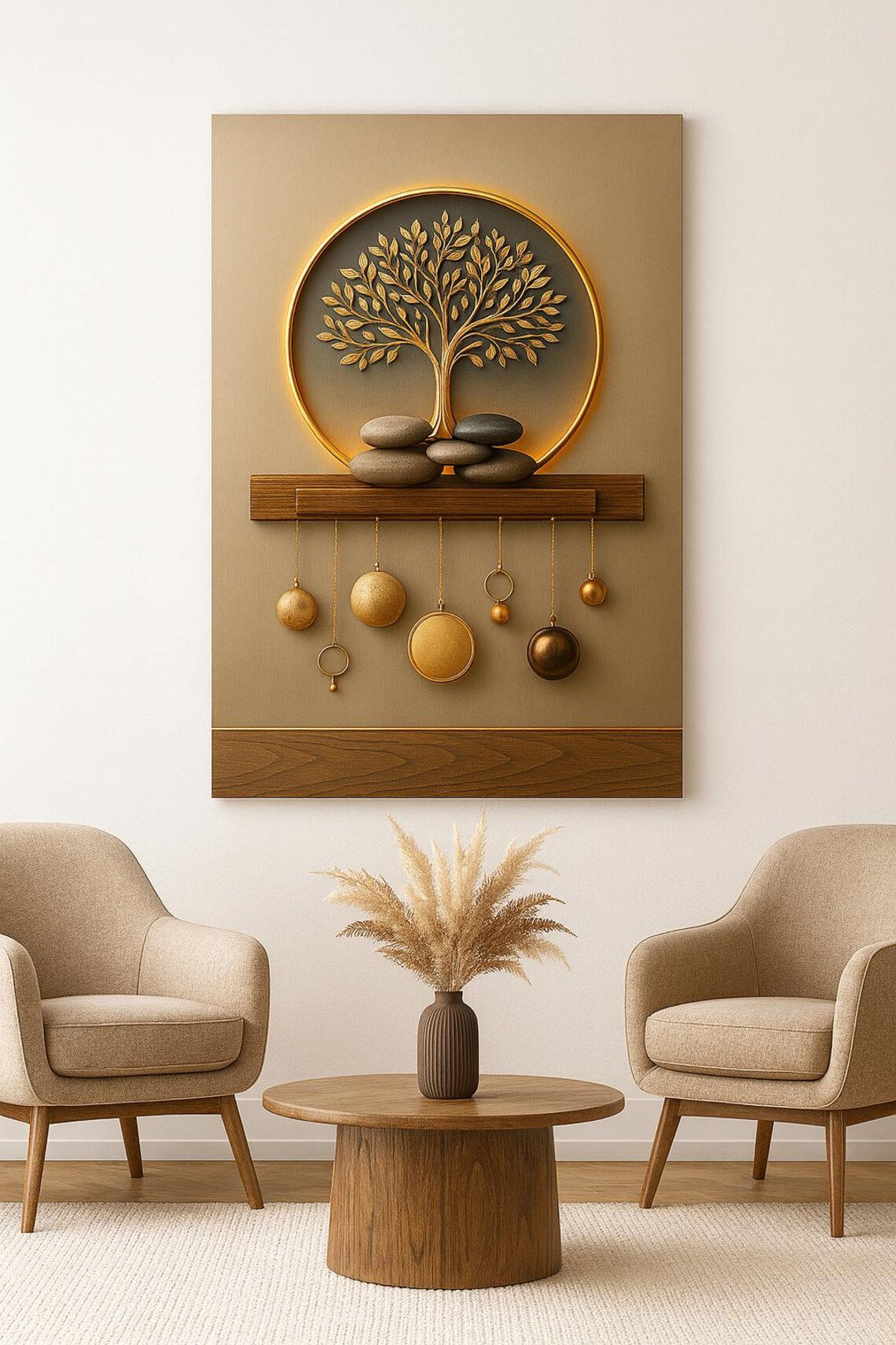 Golden Tree Of Life Wall Art – 3D Modern Zen Decor With Stones ... within Whimsical Tree Acrylic Hand Painted Canvas Wall Art Black Frame