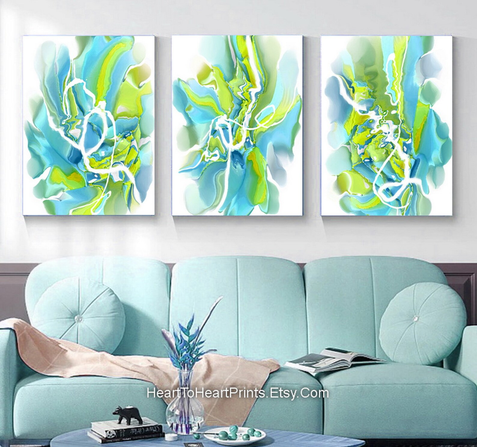 Green Blue Abstract Set Of 3 Printable Wall Art Lime Aqua Abstract ... inside Refreshing' 72X36 Inches Large Modern Abstract Painting Lime Green Blue