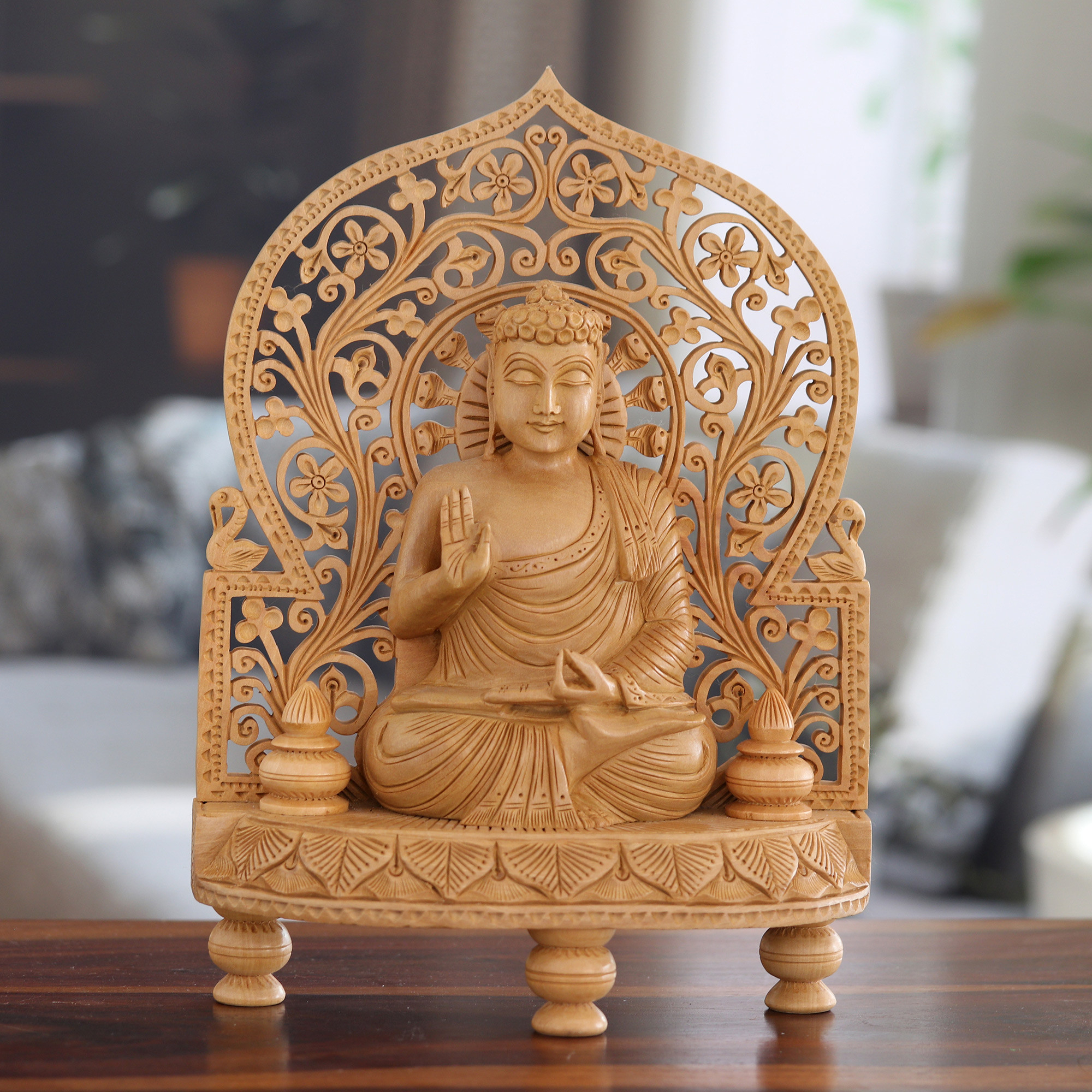 Hand-Carved Wood Buddha Sculpture With Traditional Motifs ... for How Master Woodcarvers Bring the Enlightened One to Life Through Relief Sculpture