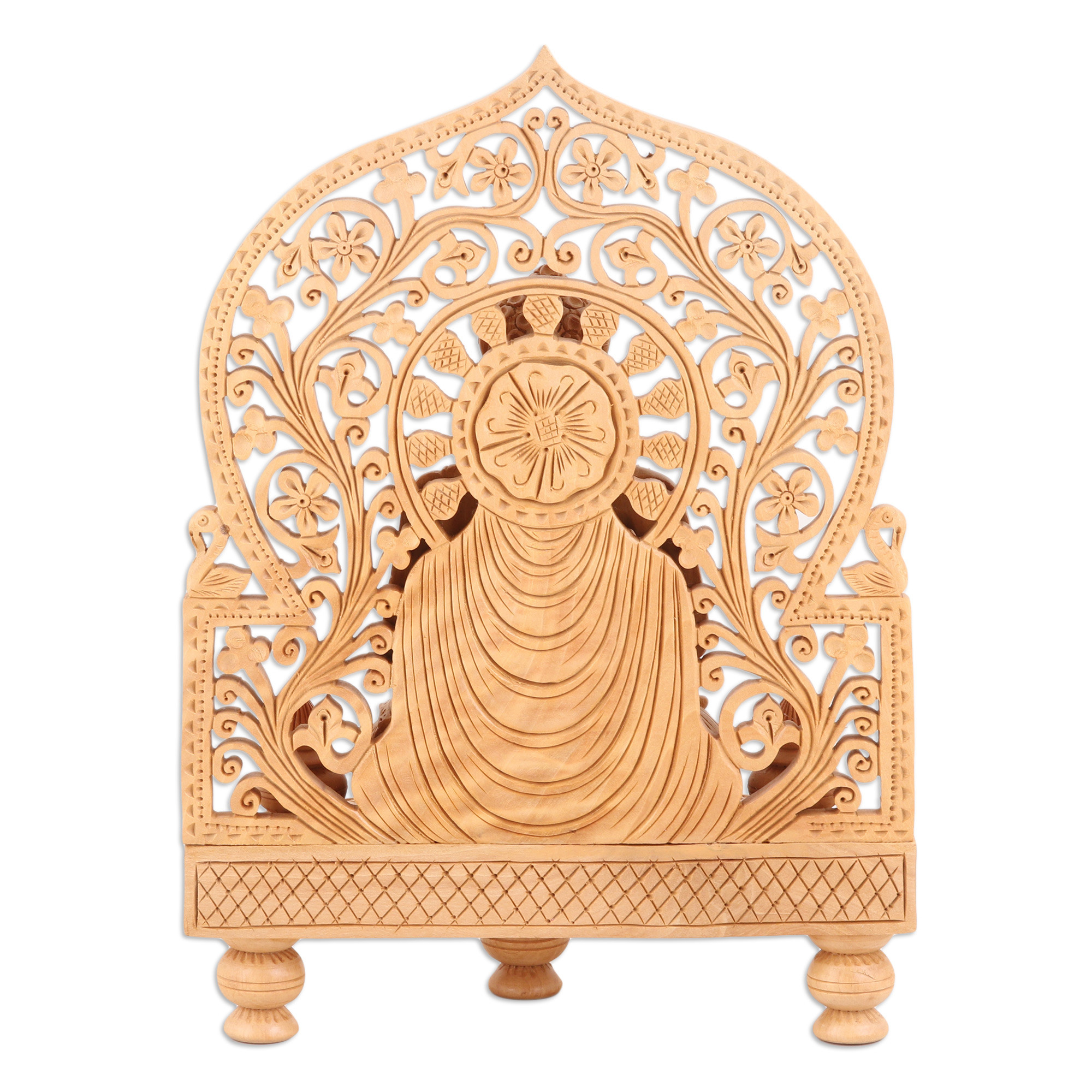 Hand-Carved Wood Buddha Sculpture With Traditional Motifs ... intended for Hand Carved Buddha Lotus Wall Art