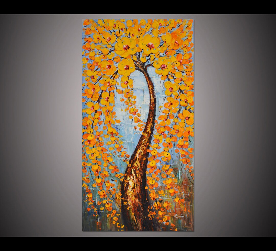 Hand-Painted Orange Flowering Cherry Blossom Tree Painting Living Room ... within Understanding the Symbolism of Orange Cherry Blossoms Hand Painted Canvas Art in Modern Interiors