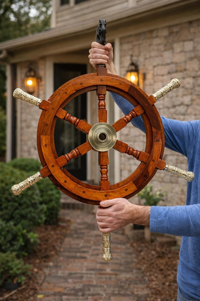 Handcrafted Wooden Ship Wheel Decor – Nautical Rosewood Brass Wall Art ... with Small Spaces Big Impact Decorating With Compact 6 Inch Nautical Ship Wheels