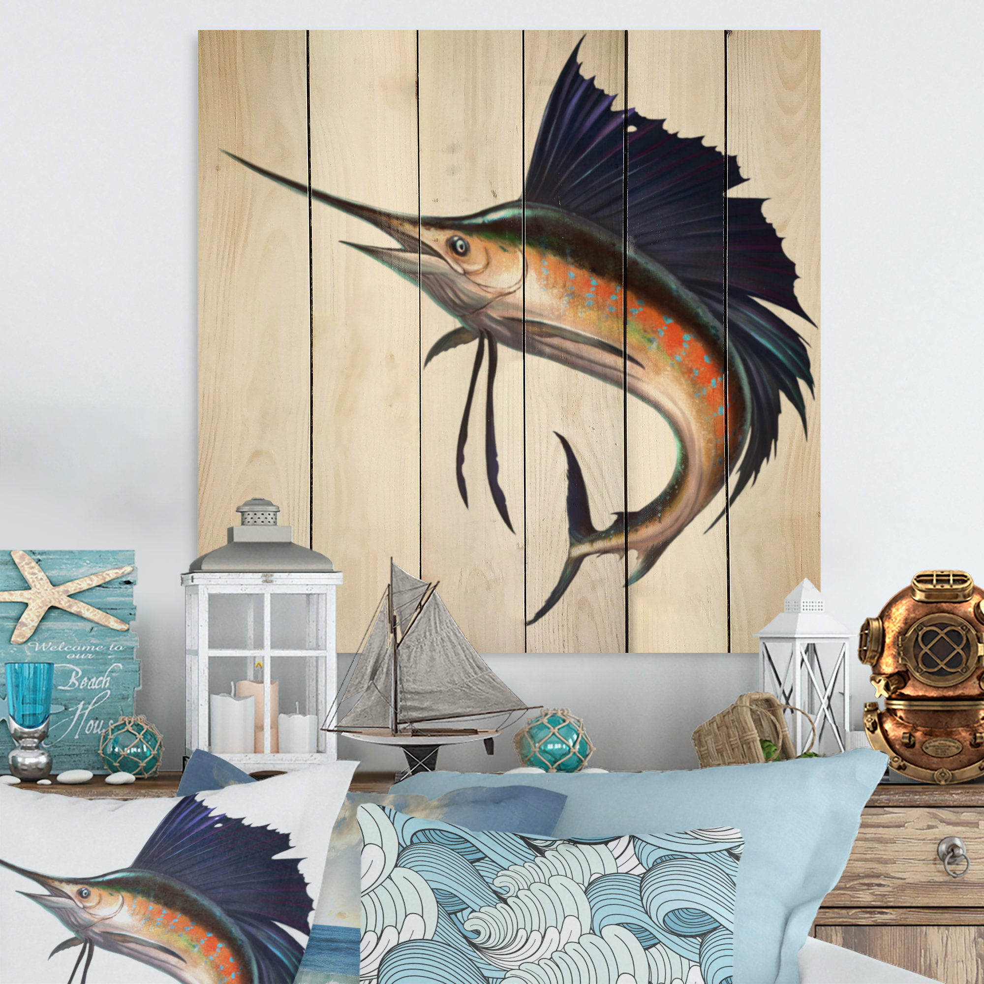 Highland Dunes Sailfish In The Ocean Ii - Nautical &amp; Coastal Wood Wall ... regarding Sail Fish Wall Sculpture, Silver Leaf