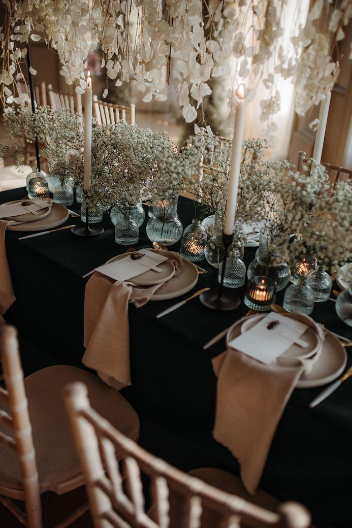 Hodsock Priory Wedding Inspiration - Rock My Wedding | Black Table ... within Cloud Chamber Ii', 12"X47" Mixed Media Shadowbox, Framed Under Glass