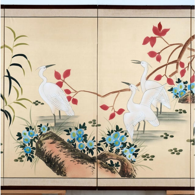 Japanese 4-Panel Byobu 4 White Wading Egrets Hand Painted &amp; Hand Signed ... intended for Two's Company 52063 S/2 Shore Bird Wall Art Canvas