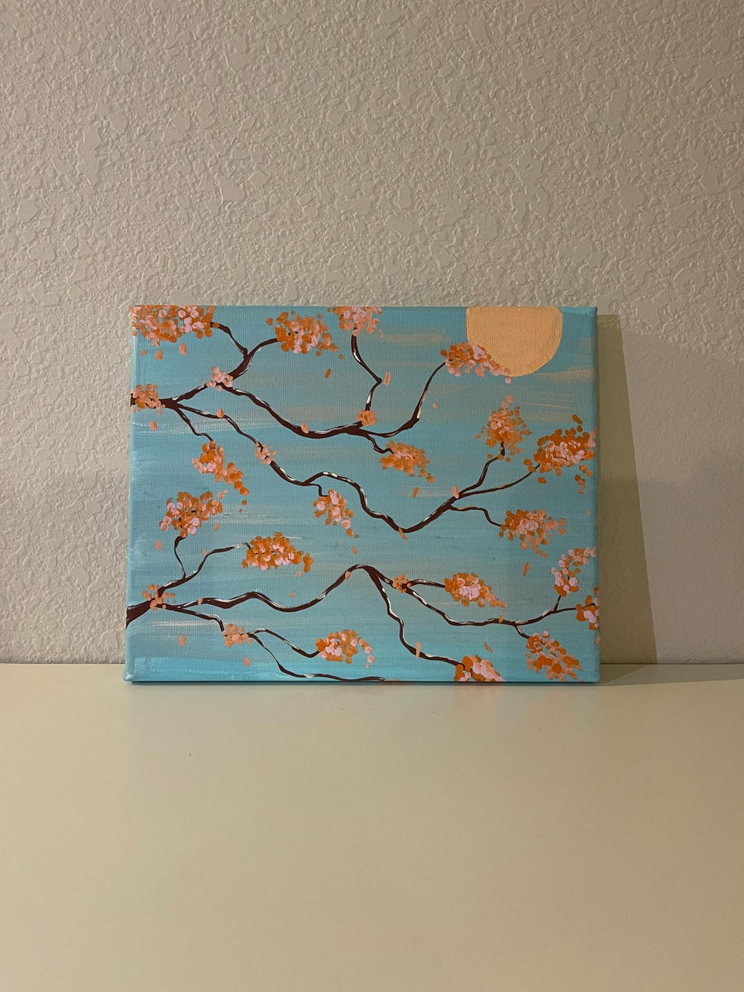 Japanese Cherry Blossom Painting: Orange Moon, Handmade Acrylic Canvas ... inside "Orange Cherry Blossoms" Hand Painted Canvas Art