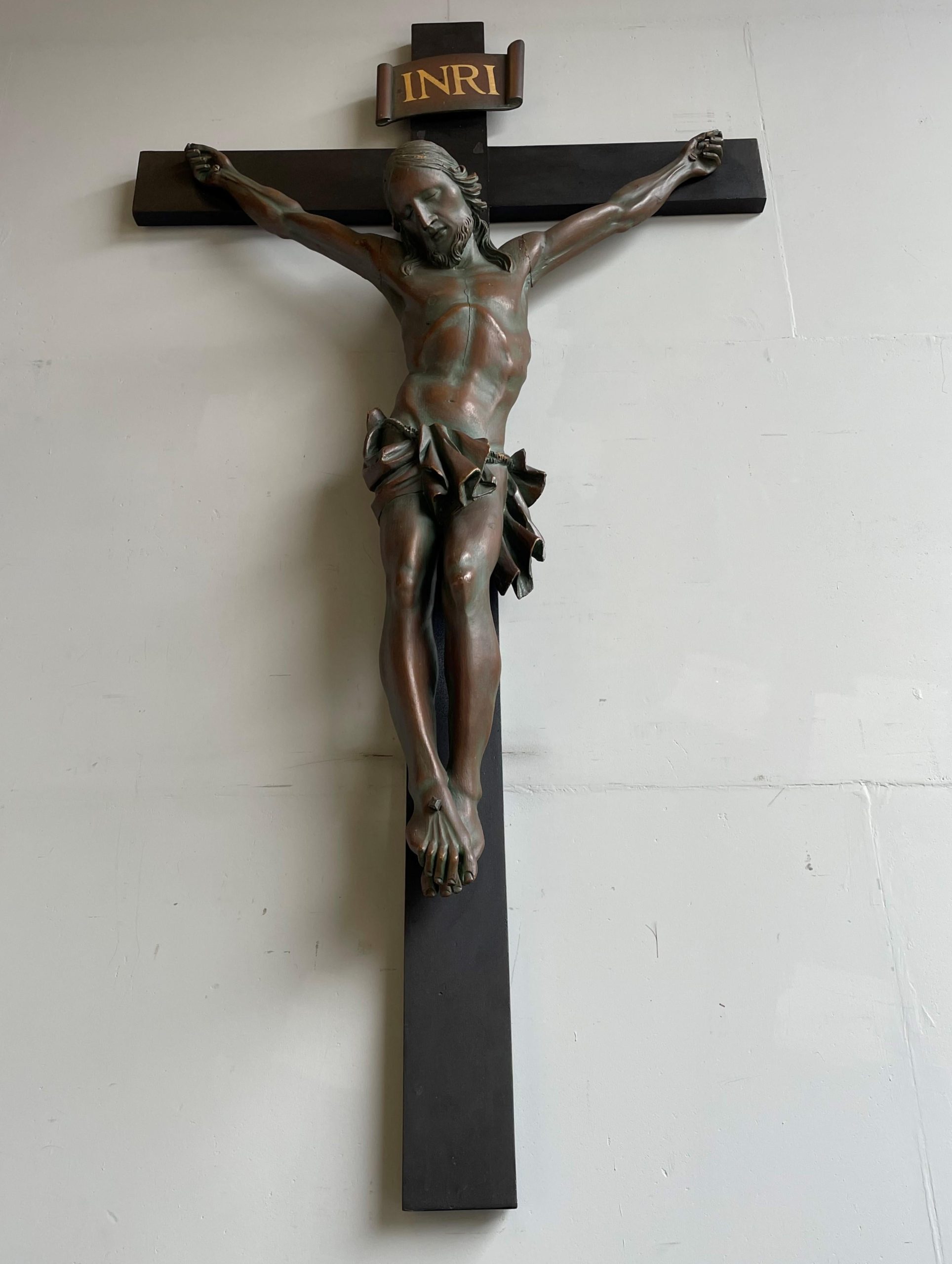 Large Antique Crucifix With A Hand Carved And Bronzed Wooden Corpus Of ... throughout How Great Oak Corpus 37 Religious Sculpture Reflects Medieval Faith and Artistry