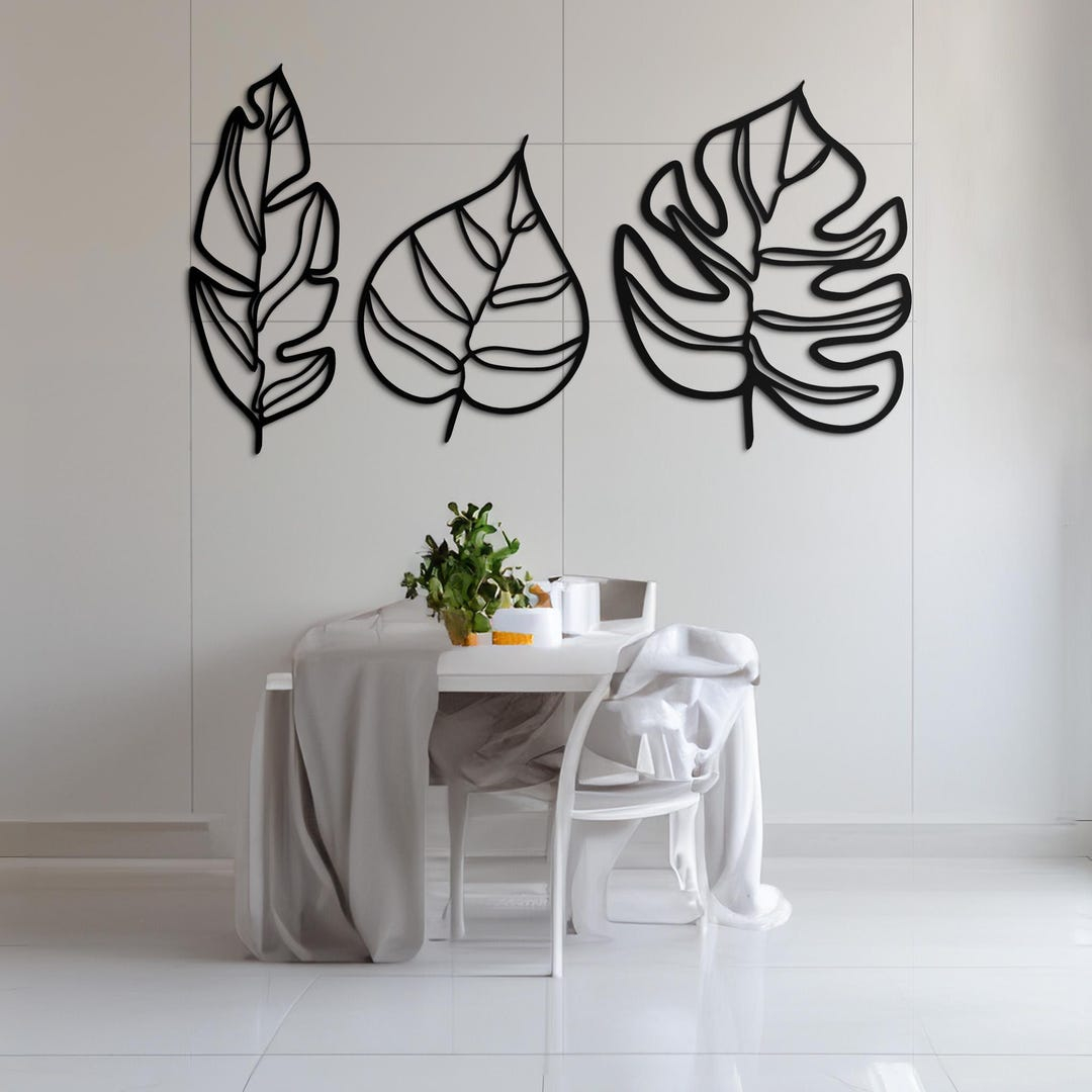 Leaf Metal Wall Art Set, Minimalist Black Metal Large Leaf Decor For ... pertaining to Rocky Coastline Sunset Africa, Beach Round Metal Wall Art, 11"