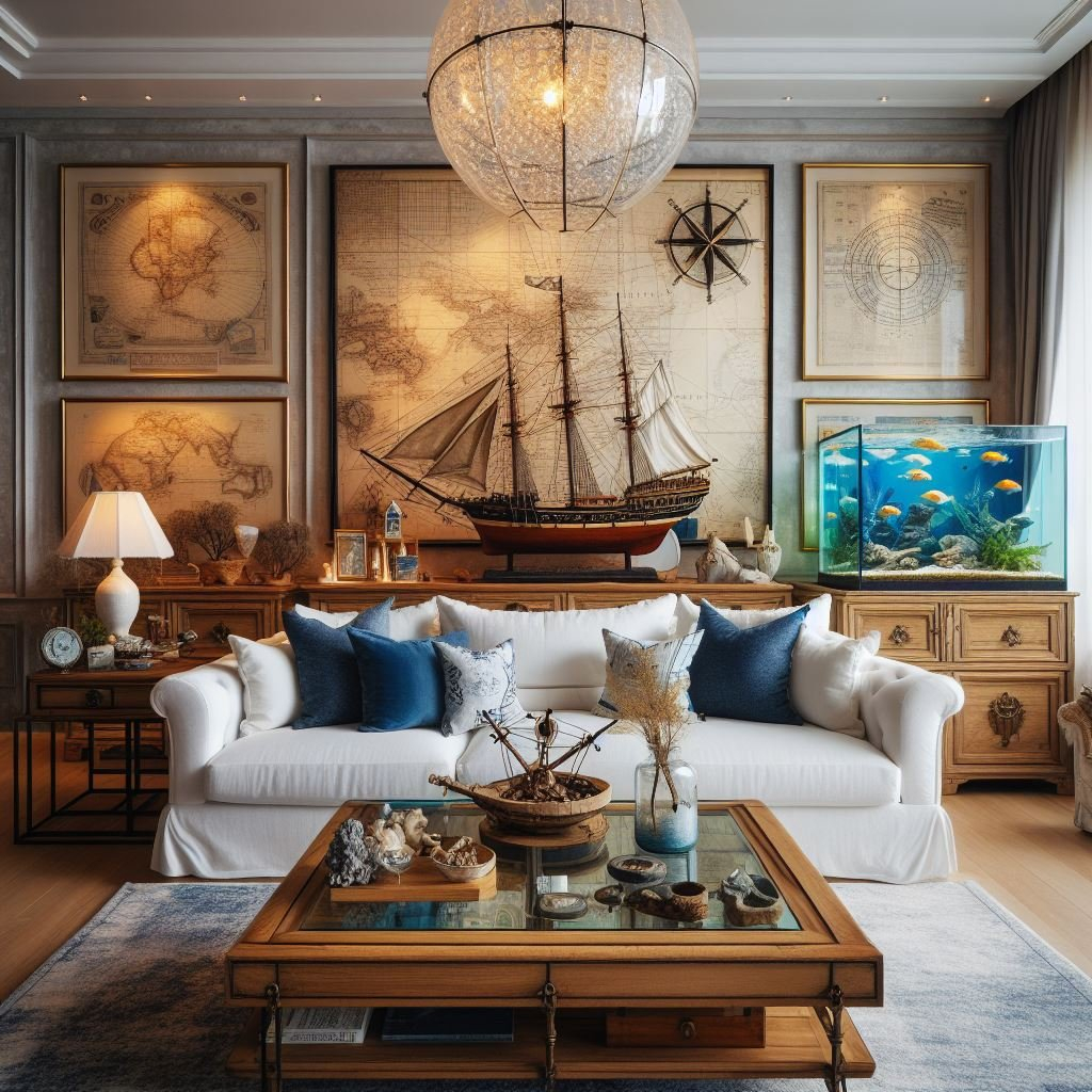 Living Room Decorating Ideas Nautical Theme | Cabinets Matttroy with White Decorative Ship Wheel With Seashell 6'', Boat Steering Wheel Decoration