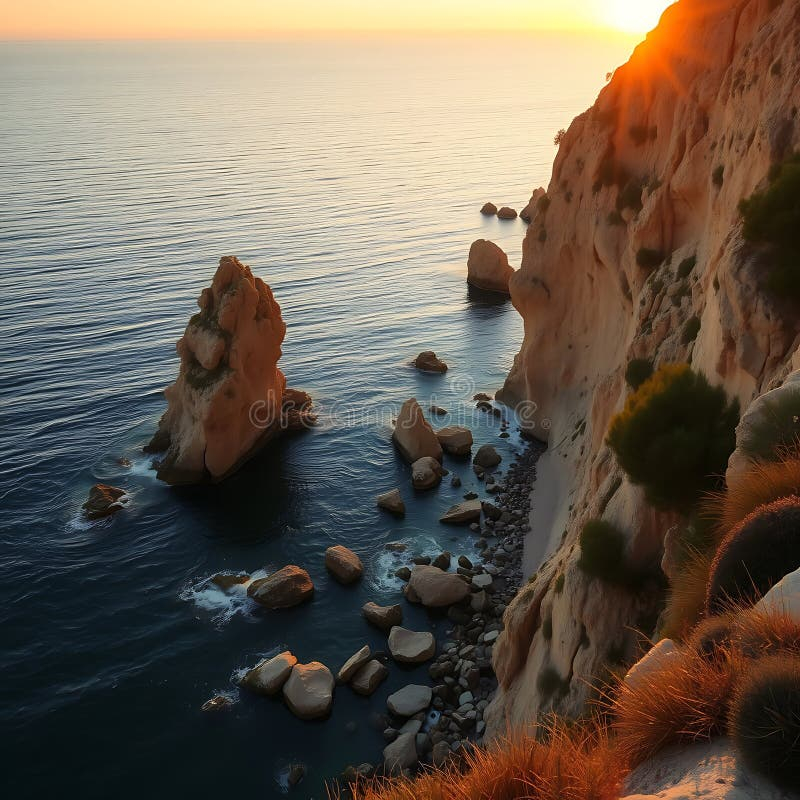 Mediterranean Coastline With Rocky Cliffs At Sunrise Stock Illustration ... inside Beautiful Italian Seashore View, Seashore Round Wall Art, 11"