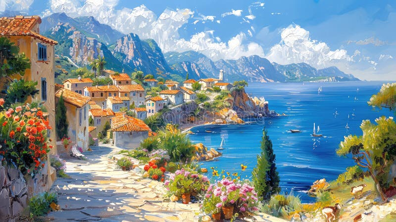 Mediterranean Landscape With A Small Town, Sea, Flowers, Oil Painting ... in Beautiful Italian Seashore View, Seashore Round Wall Art, 11"