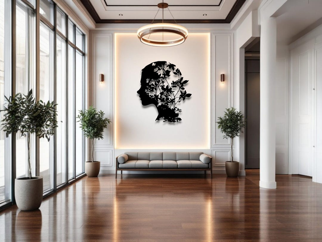 Metal Wall Art Woman Silhouette With Floral Design, Nature Inspired ... in Rocky Coastline Sunset Africa, Beach Round Metal Wall Art, 11"