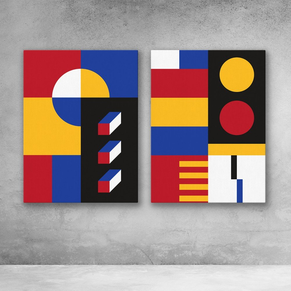 Metropolis 2 Piece Set Modern Bauhaus Geometric Red Yellow Blue Wall Art with How the Textures and Layers of Red Metropolis Canvas Art Create a Stunning Visual Experience