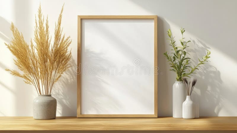 Minimalist White Canvas Frame On A Wooden Shelf In A Well-Lit Interior ... pertaining to 36" X 72" Black White Minimal Large Modern Abstract Painting