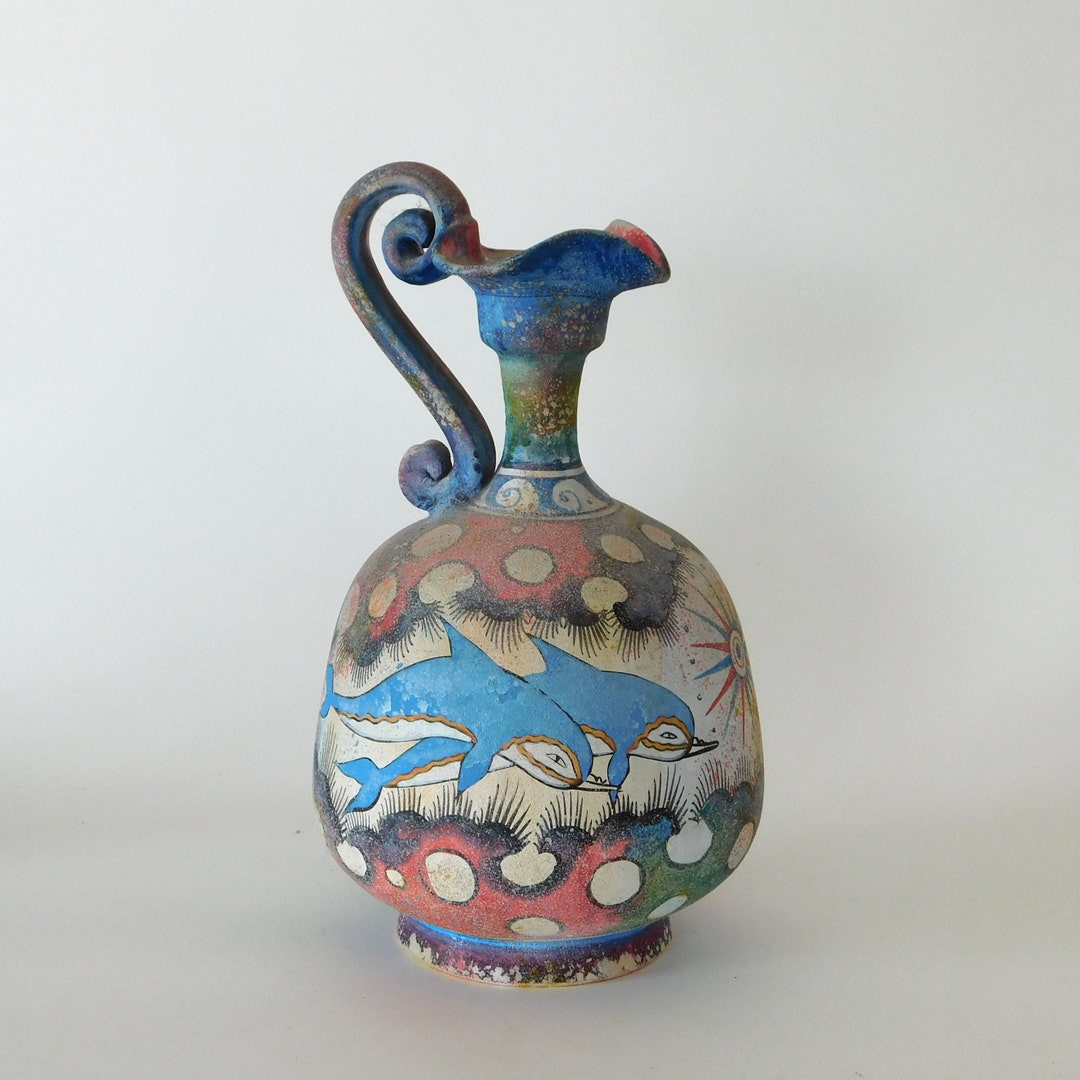 Minoan Period Ceramic Oinochoe - Dolphins - Hand Painted Greek Vase ... within Tuscan Nd Dolfi 26” Sunflower Wall Art