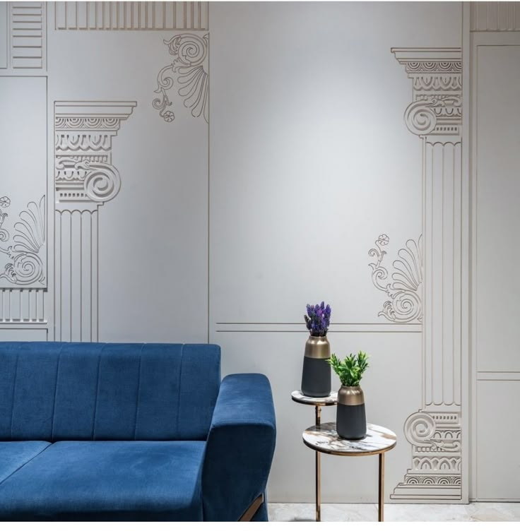 Modern Living Room Design With Blue Couch | Roman Wall Design Ideas ... regarding Unknown Frieze Wall D̩cor