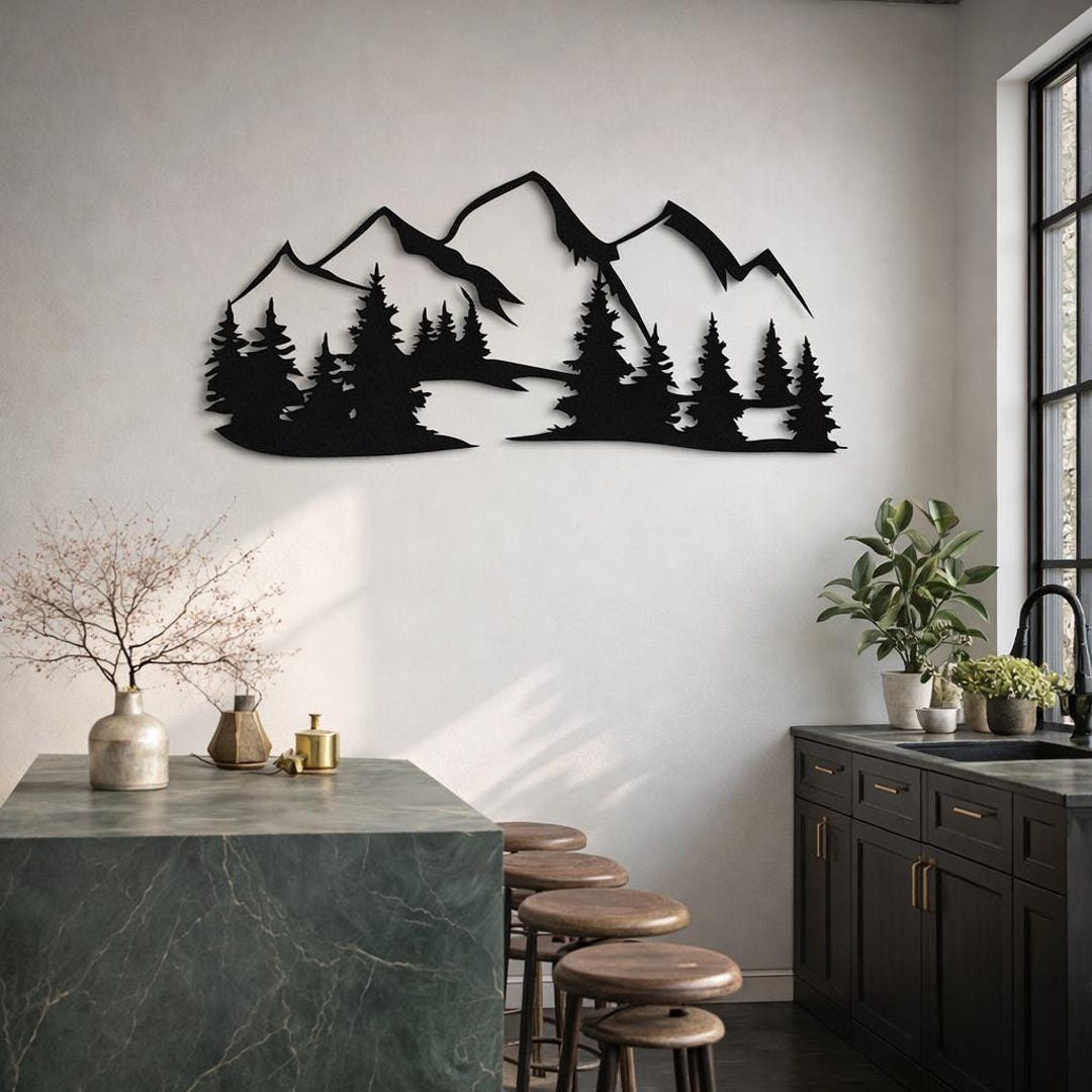 Mountain Landscape Metal Wall Art, Forest And Mountain Black Metal ... throughout Why Nature Inspired Metal Wall Art Resonates With Modern Homeowners