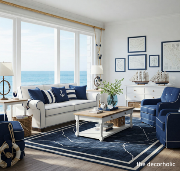 Nautical Living Room Ideas And Decor Tips - The Decorholic with White Decorative Ship Wheel With Seashell 6'', Boat Steering Wheel Decoration