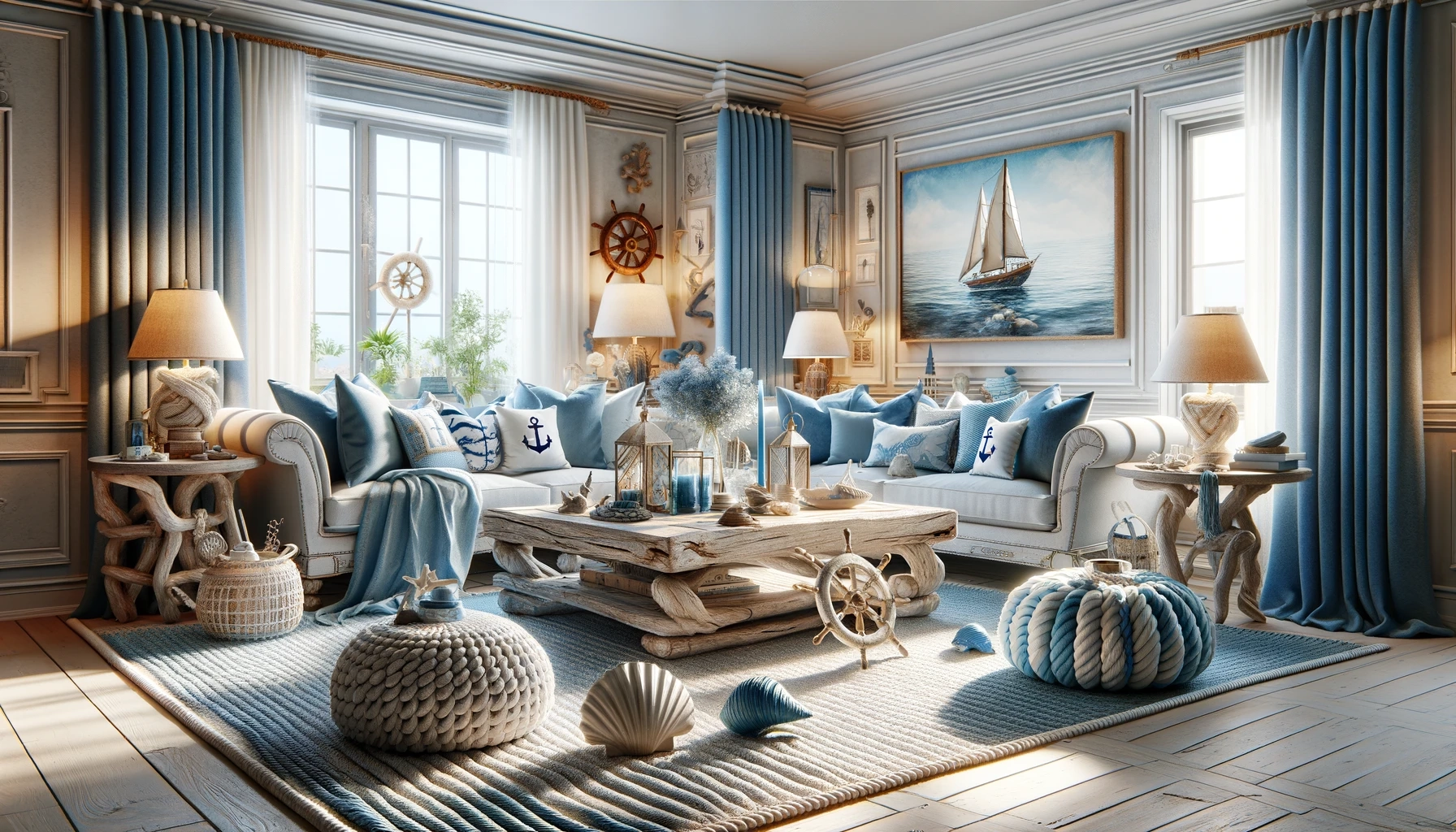 Nautical Living Room: Ideas For Redecorating Your Space with White Decorative Ship Wheel With Seashell 6'', Boat Steering Wheel Decoration