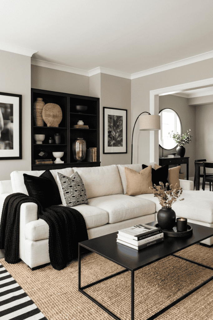 Neutral Living Room Ideas That Feel Subtle & Chic in Luxe Large 50 In Tall Window Pane Mirror Black Diamond Overlay Gold Cream White