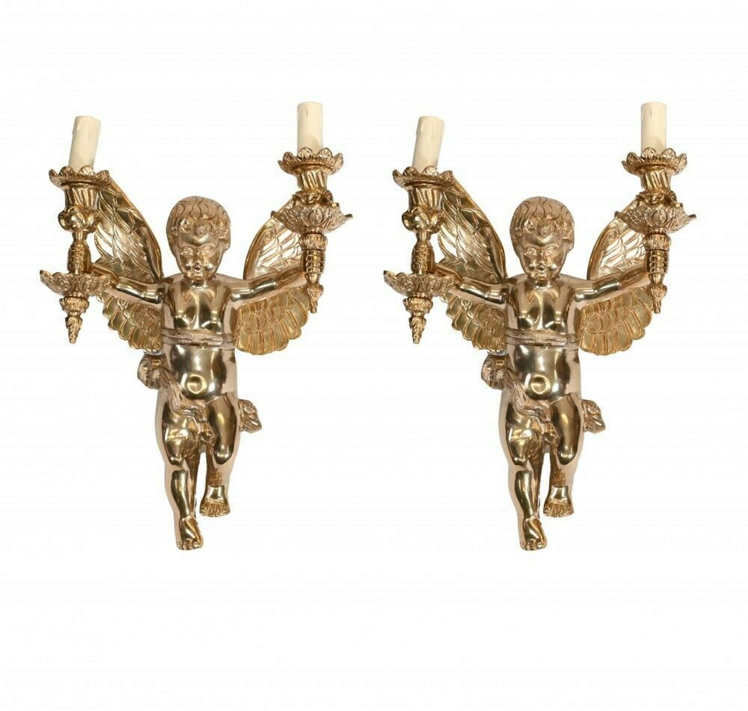 Pair French Cherub Wall Sconces Ormolu Belle Epoque Wall Lights In ... pertaining to Labelle Demoiselle Cherub Plq, Architectural Over Door Plaques