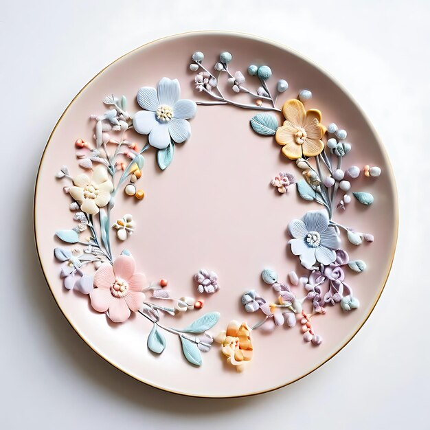 Photo Of A Plate With Subtle Floral Designs In Pastel Hues On A Clean ... throughout The Unexpected Beauty of Pairing Bright Floral Hues With Crisp White Metal Discs